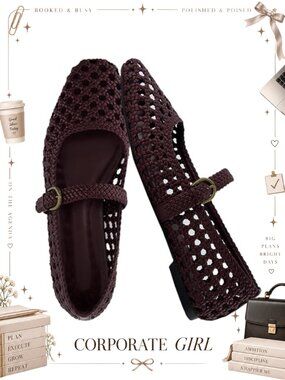 Hand Woven Mary Jane Flats Faux Leather Memory Foam Cushioned Ballet Flats